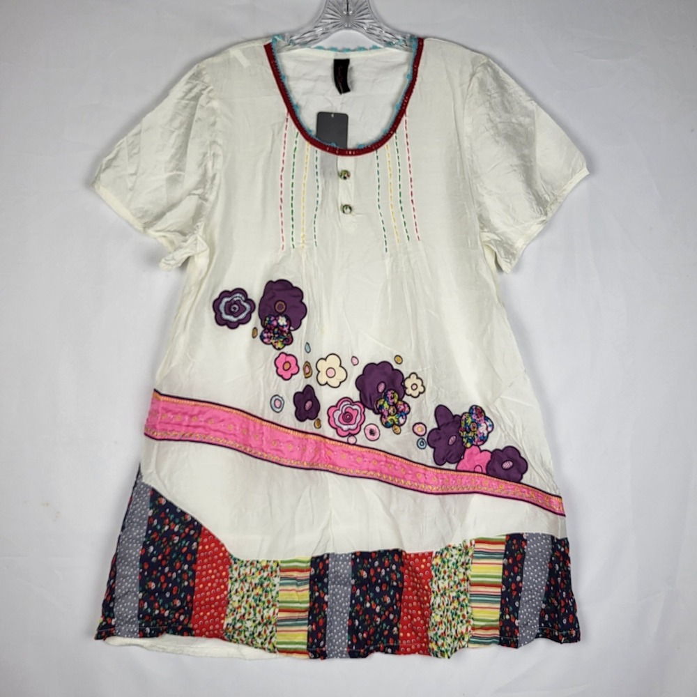 Sacred Threads Boho Embroidered Dress Tunic Women's Large Peasant Flowers NWT